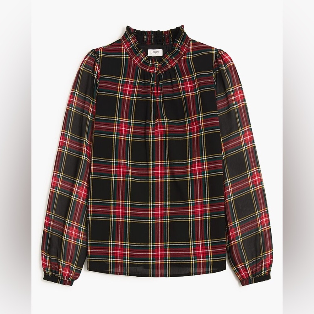 J.Crew Tartan Smocked Keyhole Red Plaid Long Sleeve Blouse Size Petite Small